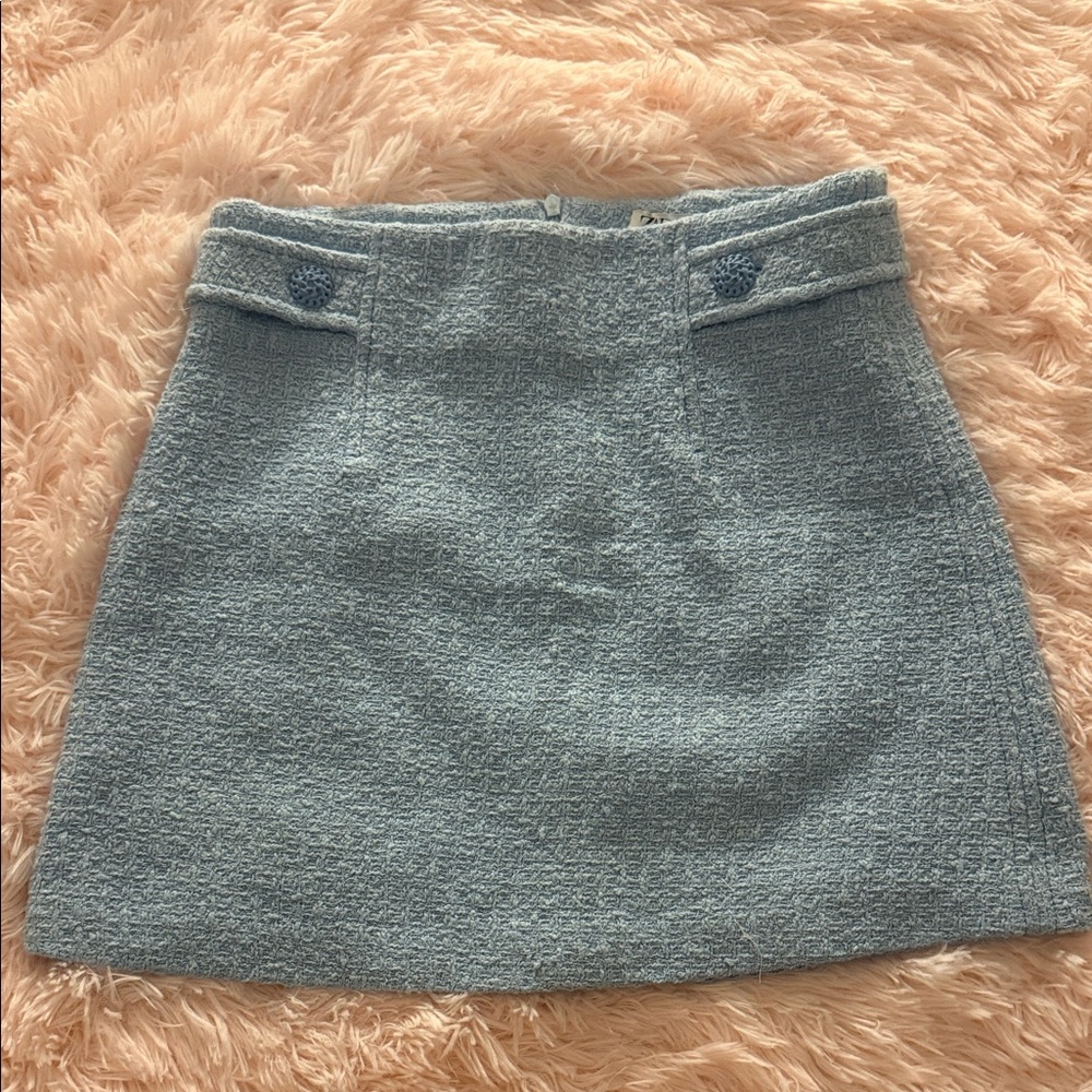 Zara Pale Blue Tweed Mini Skirt with Decorative Waist Tabs